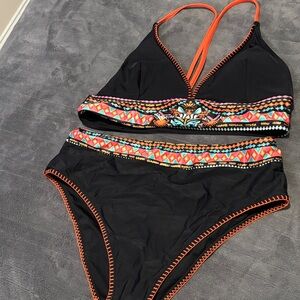 Black and Orange Bikini Set with Colorful Trim